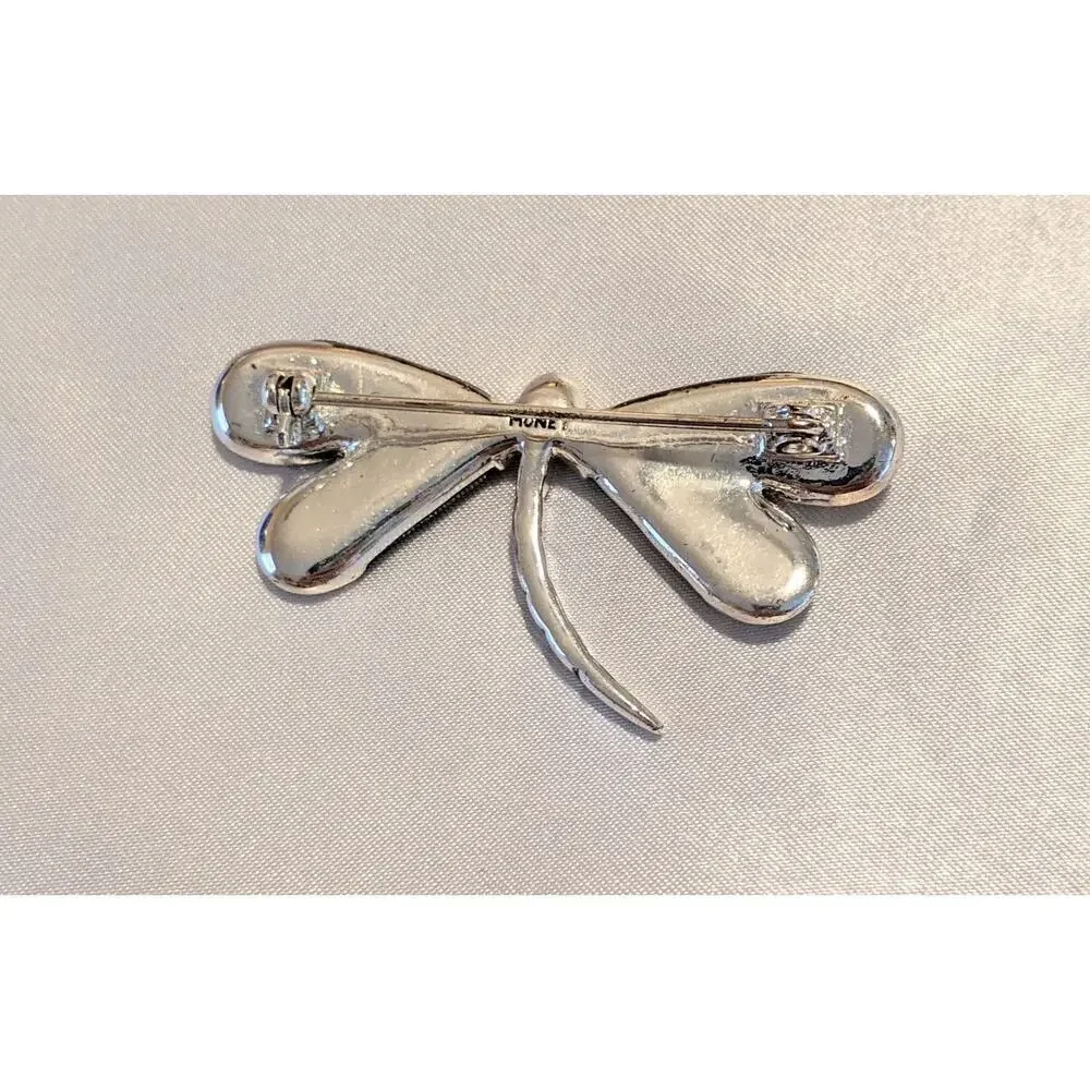 Monet Dragonfly Brooch Pin Gray Mother of Pearl Rhinestone Silver Tone Signed